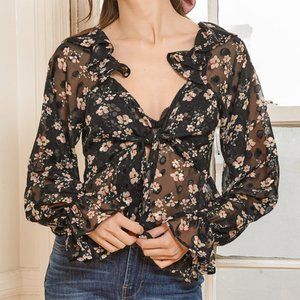 NWT Black Floral Print Ruffle Tie Front Top-Sheer